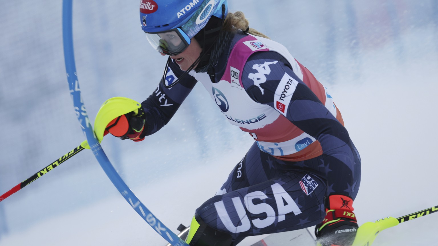 United States' Mikaela Shiffrin speeds down the course during an alpine ski, women's World Cup slalom, in Levi, Finland, Saturday, Nov. 19, 2022. (AP Photo/Alessandro Trovati)