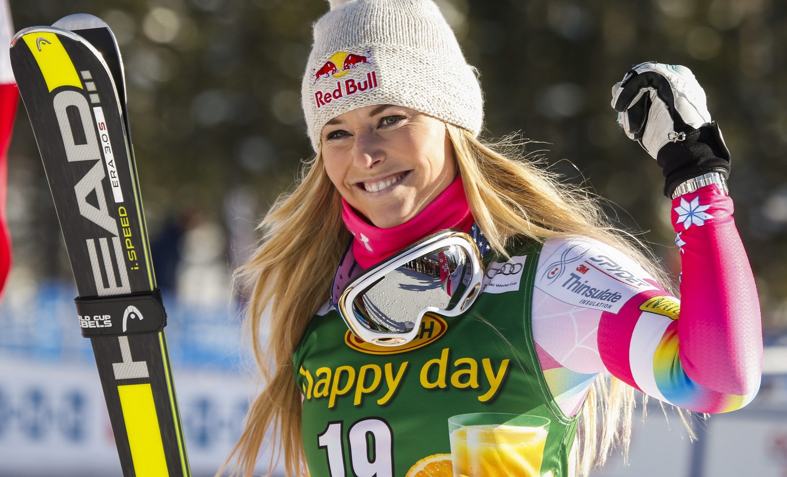 FILE - In this Dec. 7, 2014, file photo, Lindsey Vonn, of the United States, celebrates her second place finish in the women&#039;s World Cup Super-G ski race in Lake Louise, Alberta. Vonn&#039;s come ...