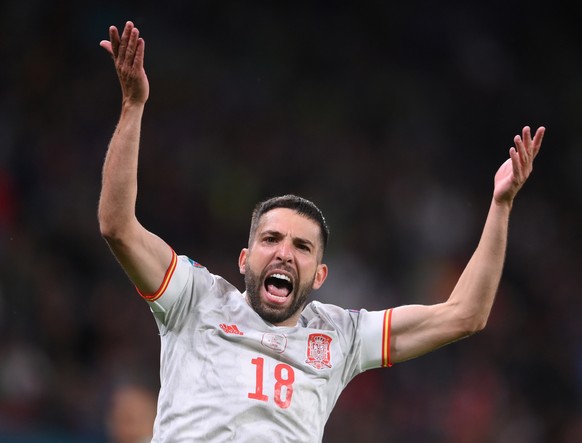 epa09327123 Jordi Alba of Spain reacts during the UEFA EURO 2020 semi final between Italy and Spain in London, Britain, 06 July 2021. EPA/Laurence Griffiths / POOL (RESTRICTIONS: For editorial news re ...