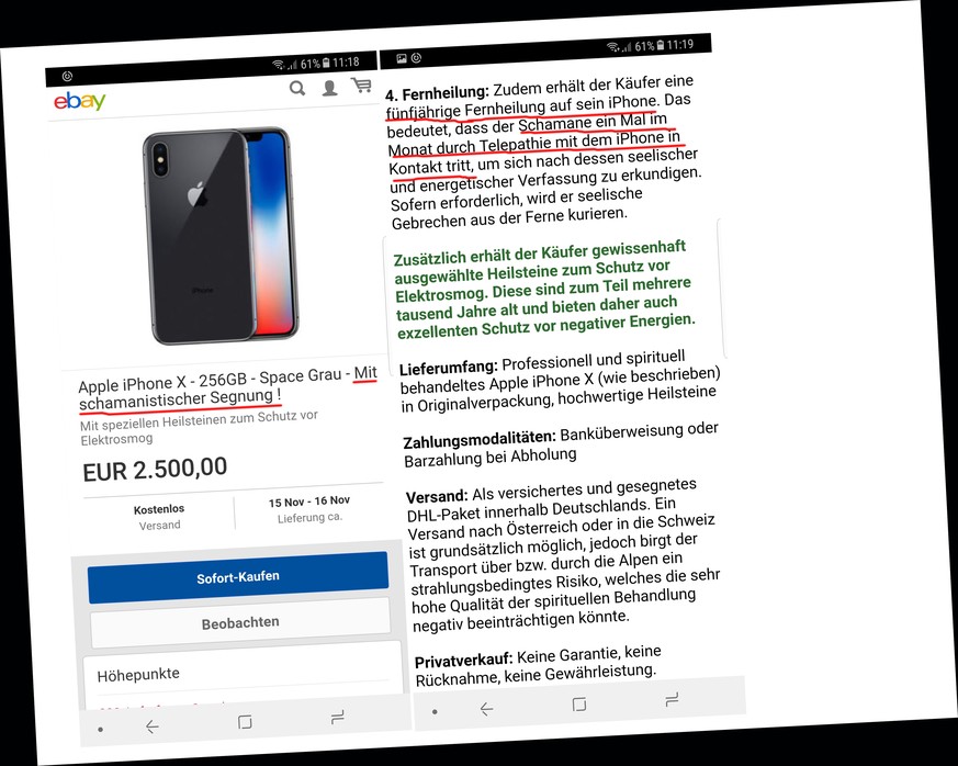 Jetzt bei Ebay: Das iPhone X «mit schamanistischer Segnung» und «fünfjähriger Fernheilung durch Telepathie mit dem iPhone».