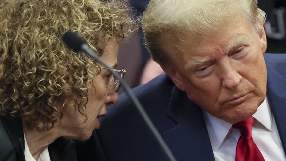 epa11155129 Former U.S. President Donald Trump appears during a court hearing on charges of falsifying business records to cover up a hush money payment to a porn star before the 2016 election, at the ...