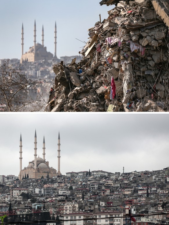 epa11129840 (COMPOSITE) - A composite image made available on 05 February 2024 shows a collapsed building with the Abdulhamid Han Mosque seen in the background after a powerful earthquake hit Kahraman ...