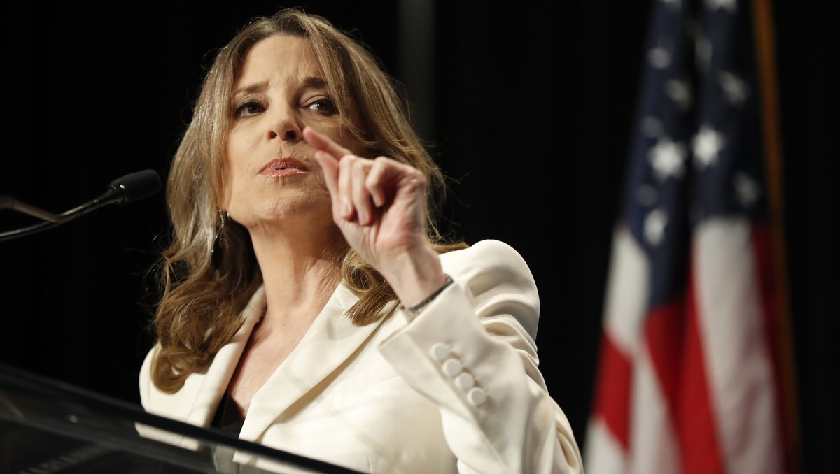 Democratic presidential candidate Marianne Williamson speaks during the Iowa Democratic Party's Hall of Fame Celebration, Sunday, June 9, 2019, in Cedar Rapids, Iowa. (AP Photo/Charlie Neibergall ...