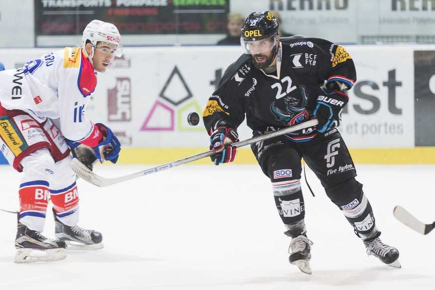 L&#039;attaquant fribourgeois Daniel Steiner, droite, lors de la 5eme journée du tour de placement du championnat suisse de hockey sur glace de National League A, entre le HC Fribourg-Gotteron et les  ...
