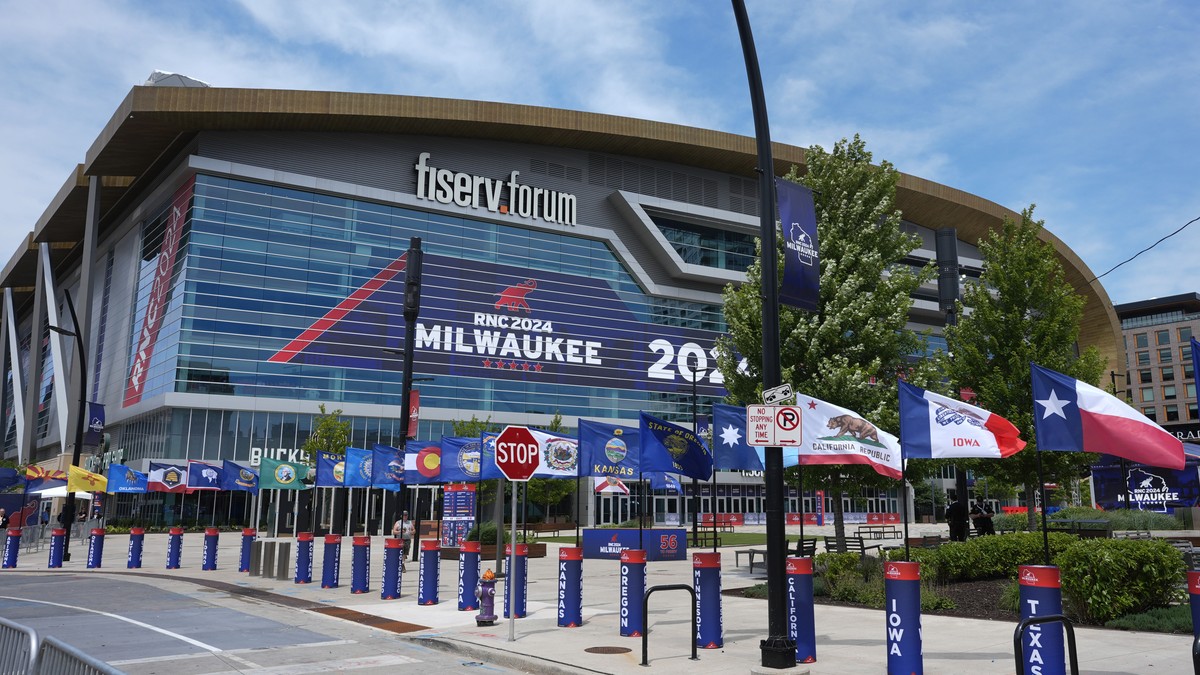 An exterior general view at the 2024 Republican National Convention at the Fiserv Forum, Sunday, July 14, 2024, in Milwaukee. (AP Photo/Paul Sancya)