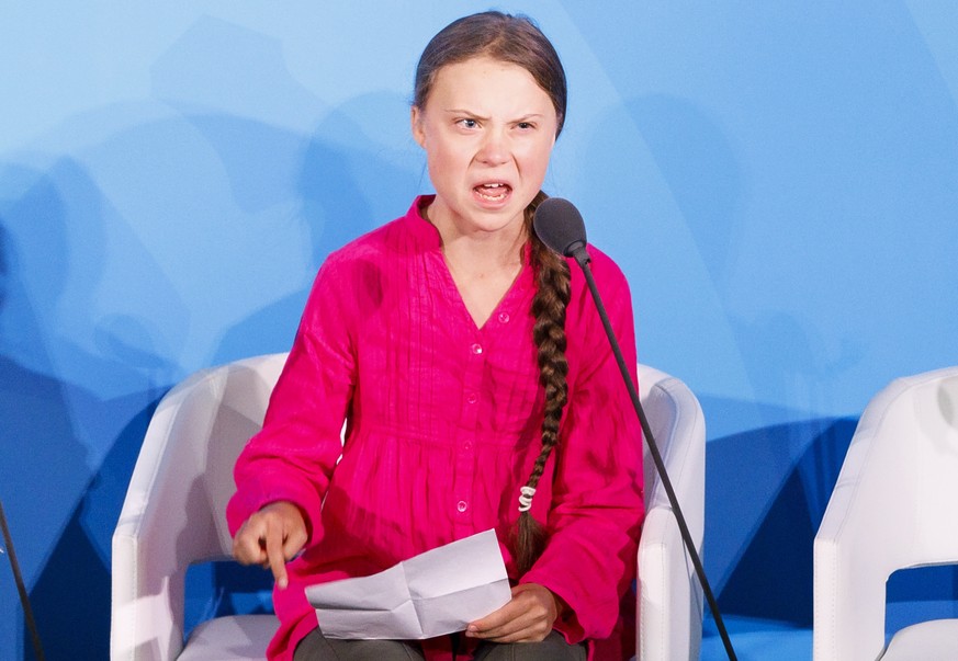 epa07864221 Greta Thunberg, the 16-years-old climate activist from Sweden, addresses world leaders at the start of the 2019 Climate Action Summit which is being held in advance of the General Debate o ...