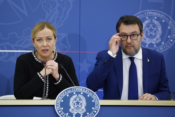 epa10956085 Italian Prime Minister Giorgia Meloni (L) and Italian Minister for Infrastructure and Deputy Prime Minister Matteo Salvini attend a press conference, Rome, Italy, 03 November 2023. Meloni  ...