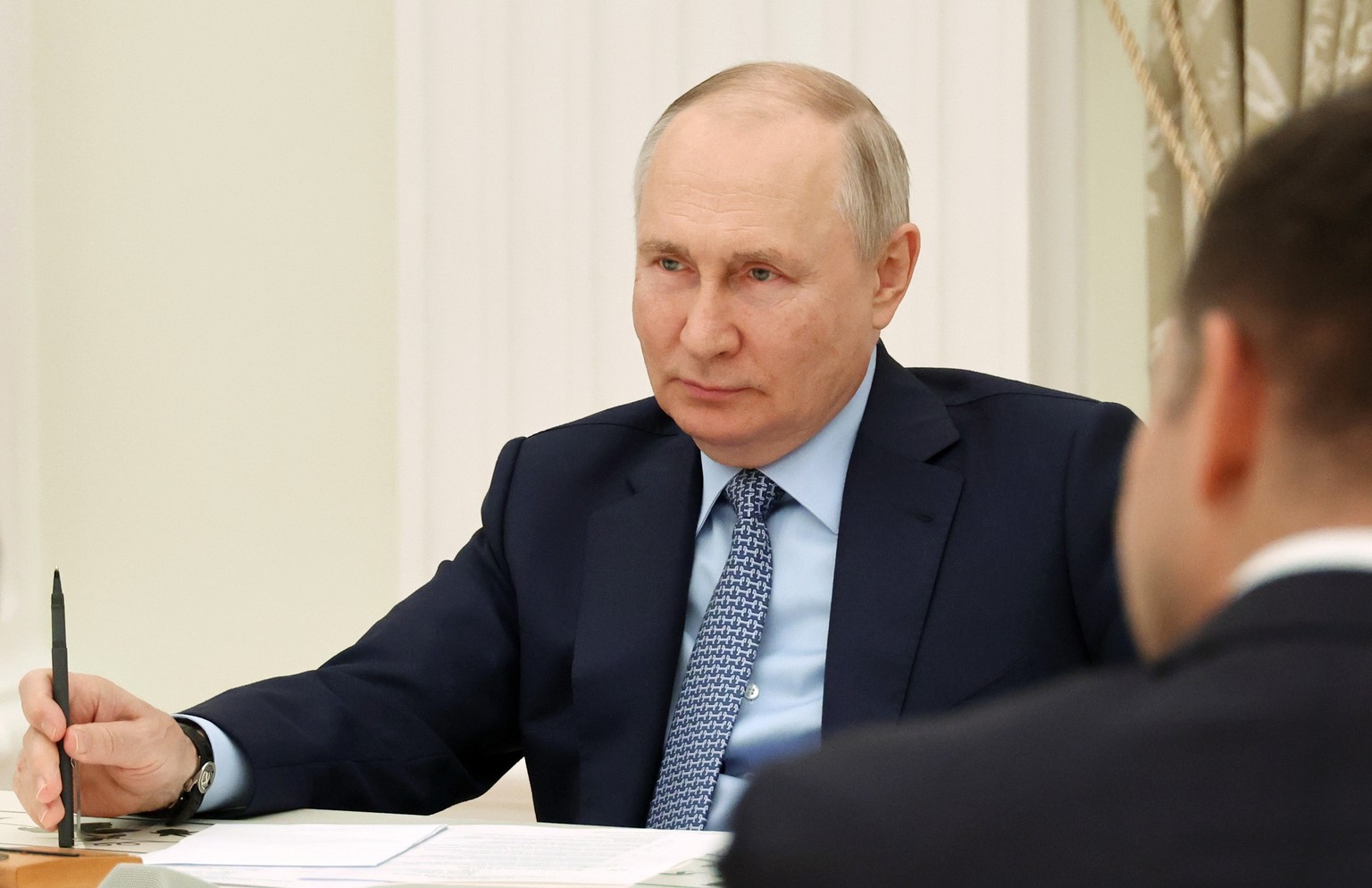 epa10791251 Russian President Vladimir Putin chairs a meeting on construction industry development issues at Kremlin, in Moscow, Russia, 08 August 2023. Vladimir Putin promised to discuss the possibil ...
