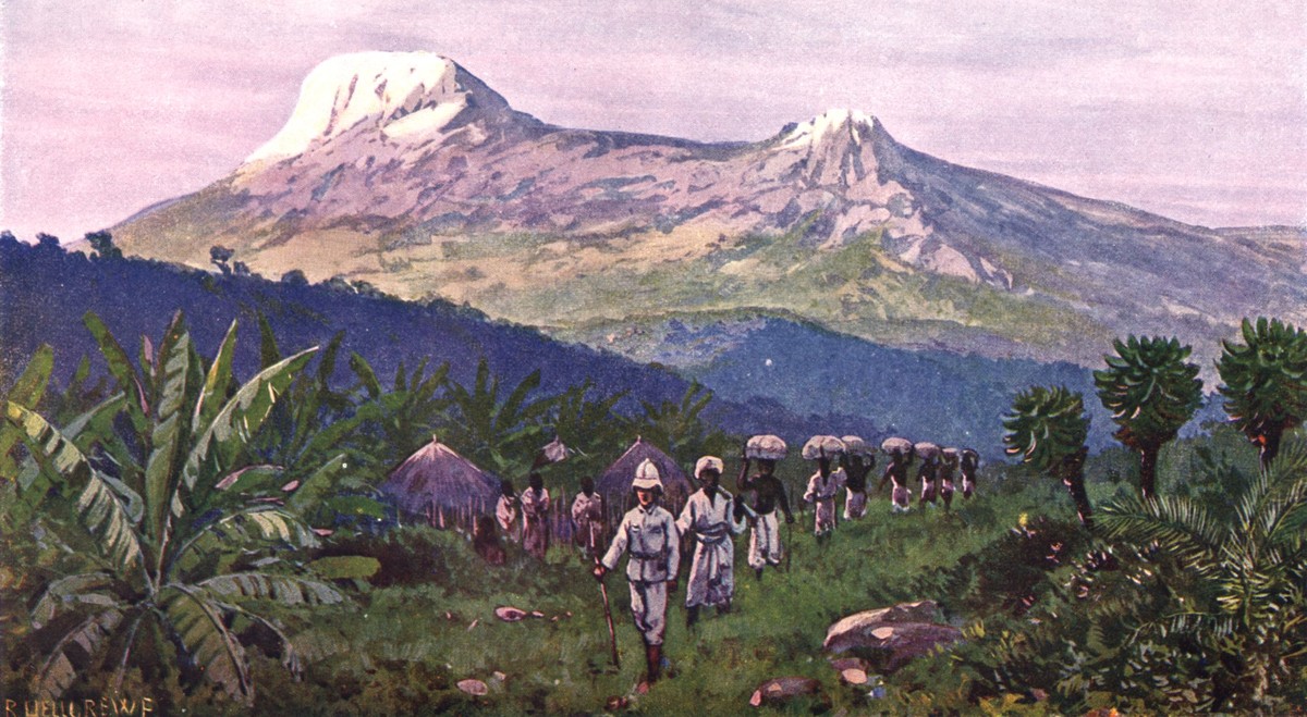 Die Original-Bildbeschreibung aus dem «Brockhaus» von 1911: «Der Kilimandscharo. Landschafts- und Kulturbild, im Vordergrunde Negerhütten und Trägerkarawane der deutschen Schutztruppe.»
