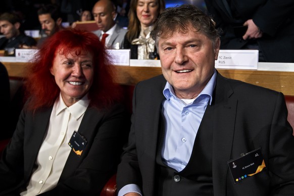 Ancillo Canepa, right, President of FC Zuerich, and his wife Heliane Canepa attend the drawing of the games for the Europa League 2018/19 Round of 16, at the UEFA headquarters in Nyon, Switzerland, Mo ...