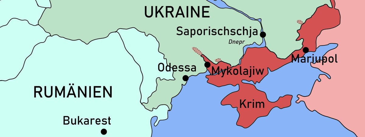 Rot: russisch besetzte Gebiete. Rosa: umkämpfte Gebiete.