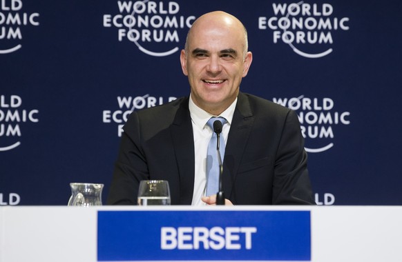 Swiss Federal President Alain Berset speaks during a press conference during the 48th Annual Meeting of the World Economic Forum, WEF, in Davos, Switzerland, Friday, January 26, 2018. The meeting brin ...