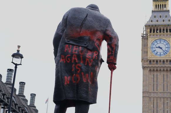 A view of the statue of Winston Churchill in Parliament Square, defaced with graffiti, in London, Friday, Feb. 27, 2026. (Lucy North/PA via AP)
Churchill statue vandalised