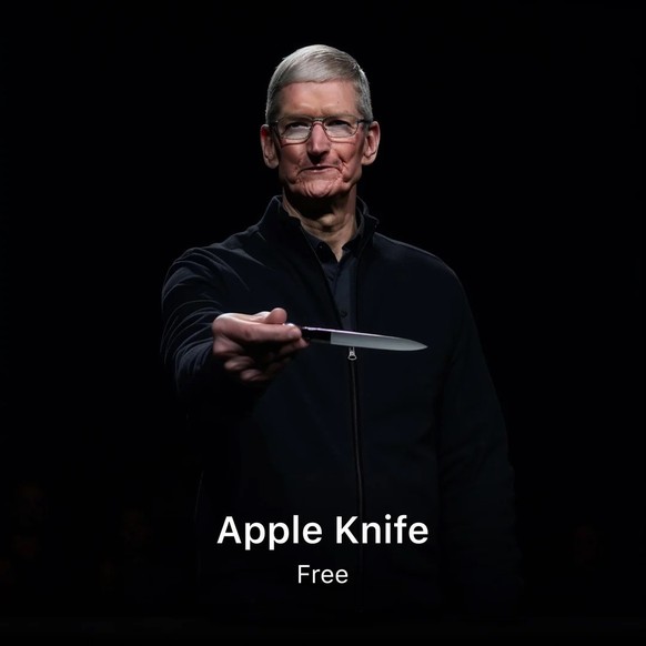 Fake-Apple-Produkt, mit falschem Tim Cook, KI-generiert. (Juni 2023)