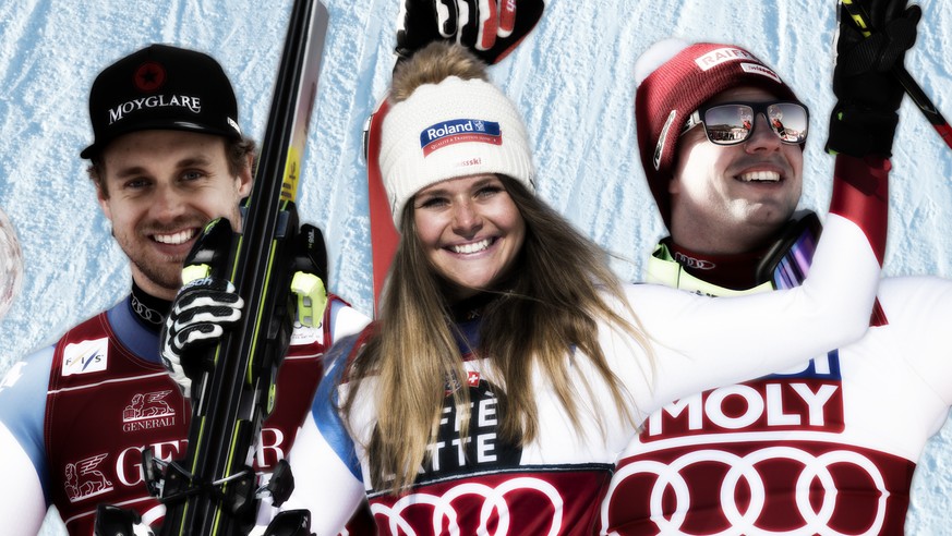 Sie liessen die Schweiz am häufigsten jubeln: Die Kristallkugelegwinner Mauro Caviezel, Corinne Suter und Beat Feuz.