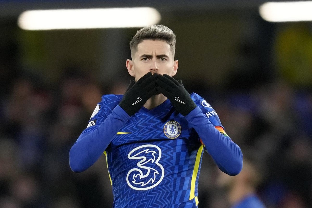 Chelsea's Jorginho celebrates after scoring his side's first goal during the English Premier League soccer match between Chelsea and Manchester United at Stamford Bridge stadium in London, S ...