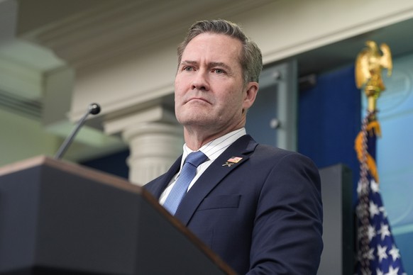 FILE - White House National Security Adviser Mike Waltz listens to a question from a reporter in the James Brady Press Briefing Room at the White House in Washington, Feb. 20, 2025. (AP Photo/Alex Bra ...