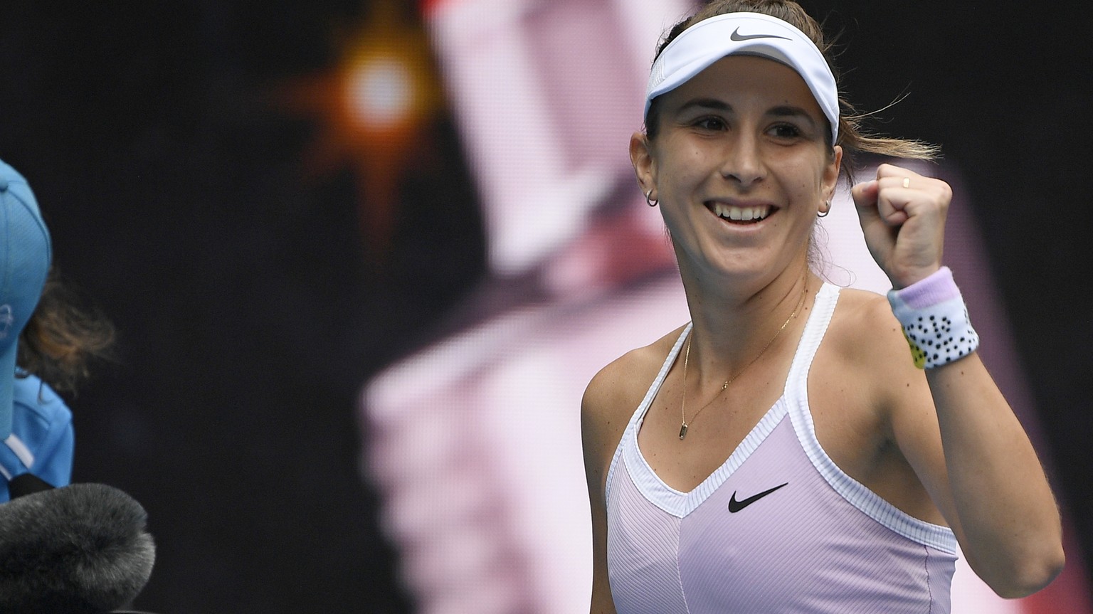 Switzerland&#039;s Belinda Bencic celebrates after defeating Latvia&#039;s Jelena Ostapenko during their second round singles match at the Australian Open tennis championship in Melbourne, Australia,  ...