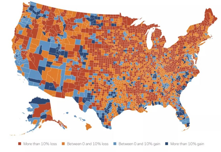 Rot: Rückgang um über 10 Prozent. Orange: Rückgang um zwischen 0 und 10 Prozent, Hellblau: Zunahme um zwischen 0 und 10 Prozent. Dunkelblau: Zunahme um über 10 Prozent.