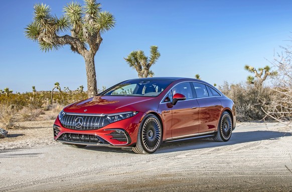 This photo provided by Mercedes-Benz shows the 2022 Mercedes-Benz EQS, a large electric luxury sedan with an EPA-estimated range of up to 350 miles. (Courtesy of Mercedes-Benz USA via AP)