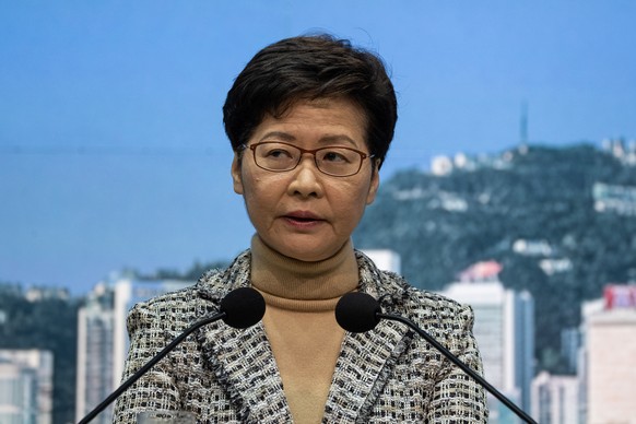 epa09869522 (FILE) - Hong Kong Chief Executive Carrie Lam attends a press conference at the Central Government Offices in Hong Kong, China, 25 January 2022 (issued 04 April 2022). Hong Kong Chief Exec ...