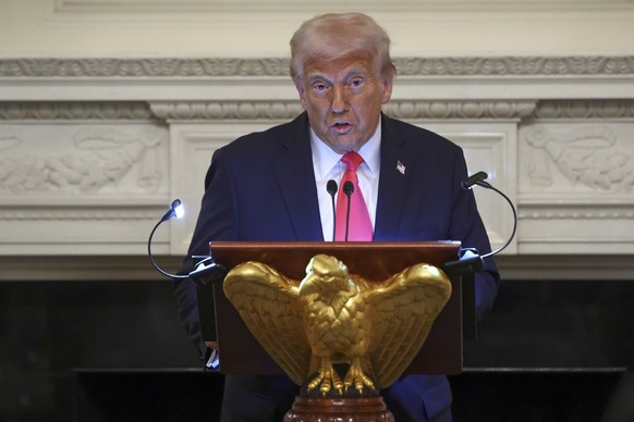President Donald Trump speaks at the White House Iftar dinner in the State Dining Room of the White House in Washington, Thursday, March 27, 2025. (Pool via AP)
Trump