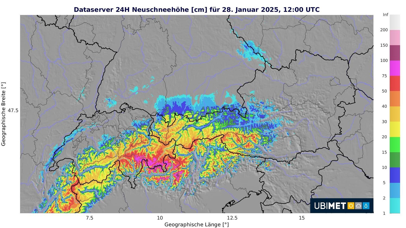 Der erwartete Neuschnee in der Schweiz für den 28. Januar.