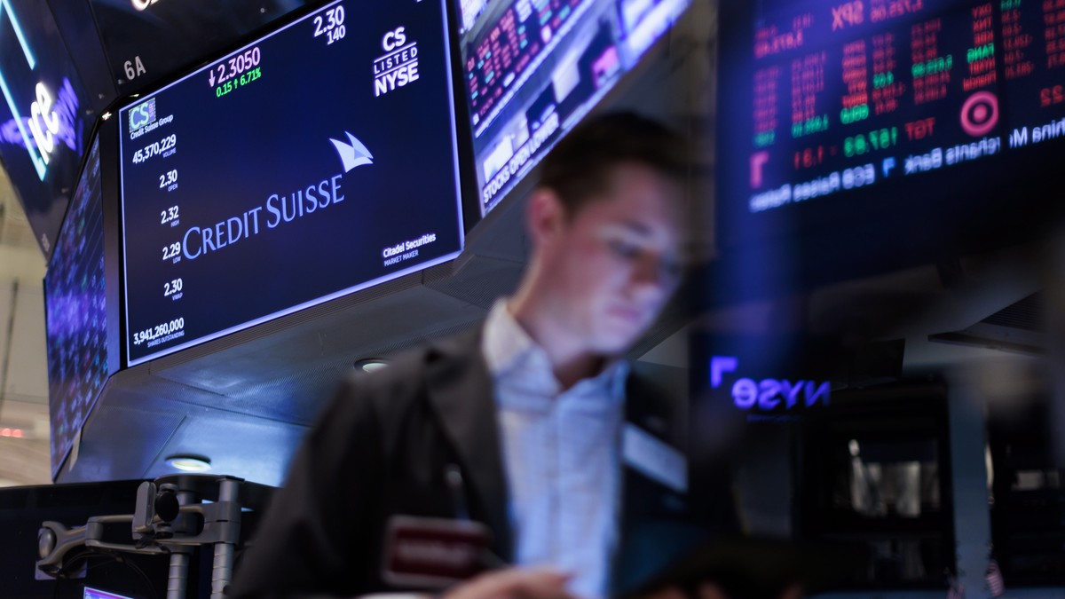 epaselect epa10526579 A screen shows information about Credit Suisse stock price on the floor of the New York Stock Exchange in New York, New York, USA, on 16 March 2023. Credit Suisse shares were up  ...