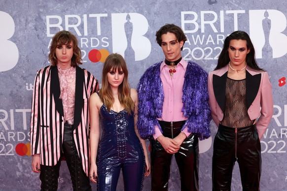epa09739448 Maneskin arrive for the 42nd Brit Awards ceremony at The O2 Arena in London, Britain, 08 February 2022. The annual pop music awards are presented by the British Phonographic Industry (BPI) ...