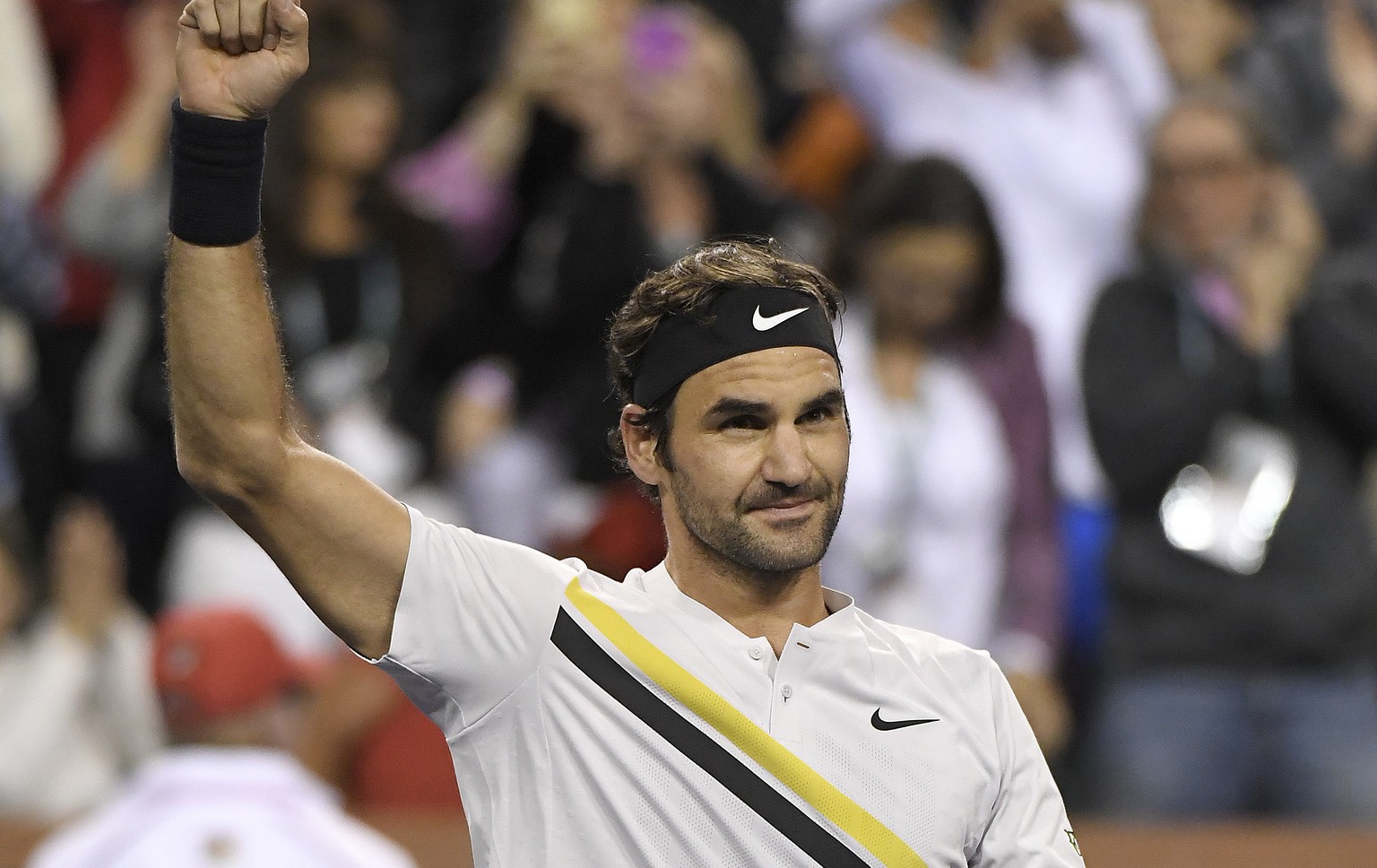 Roger Federer, of Switzerland, celebrates after defeating Chung Hyeon, of South Korea, during the quarterfinals at the BNP Paribas Open tennis tournament Thursday, March 15, 2018, in Indian Wells, Cal ...