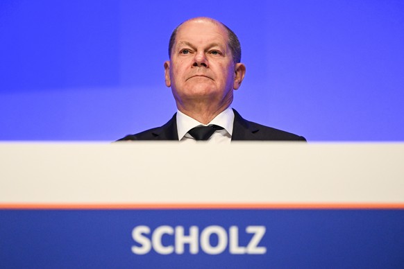 epa10646113 German Chancellor Olaf Scholz attends the Christian Democrats (CDU) Economy Day conference in Berlin, Germany, 22 May 2023. The Chancellor gave a speech during Economy Day.The German capit ...
