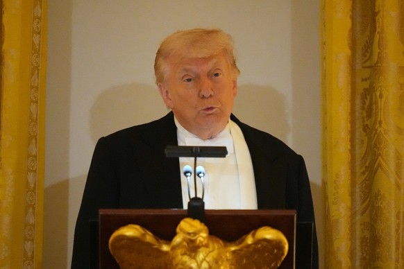 President Donald Trump speaks during a State Dinner with Britain's King Charles III, Queen Camilla and first lady Melania Trump in the East Room of the White House State Dinner Tuesday, April 28, ...