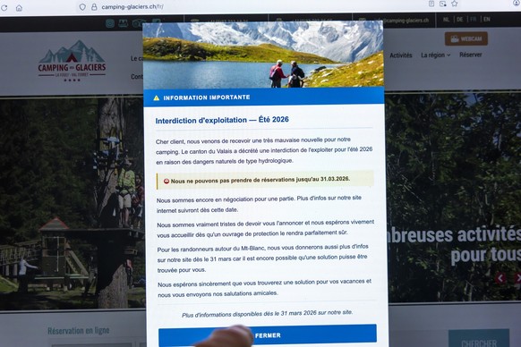 Une page d'information importante annoncant l'interdiction d'exploitation - ete 2026 - du Camping du Glacier de La Fouly (Val Ferret) apparait sur leur site internet, suite a la decisio ...