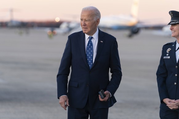 President Joe Biden talks to the media as he board Air Force One at Joint Base Andrews, Md., Tuesday, Nov. 26, 2024 en route to Nantucket, Mass. (AP Photo/Jose Luis Magana)
Biden