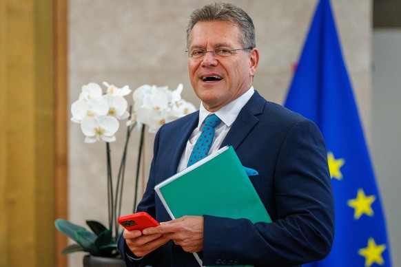 epa11692040 EU Commissioner for European Green Deal.Inter-institutional Relations and Foresight and EU Commission Executive Vice-President Maros Sefcovic arrives at the EU Commission weekly college of ...