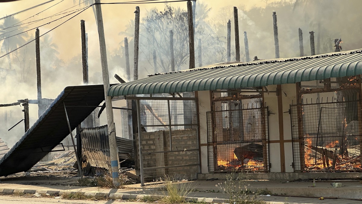 In this photo released by the Free Burma Rangers, a building burns in Pasaung, Karenni state, Myanmar in March, 2024, after a Burmese military airstrike and mortars destroyed the town. (Free Burma Ran ...