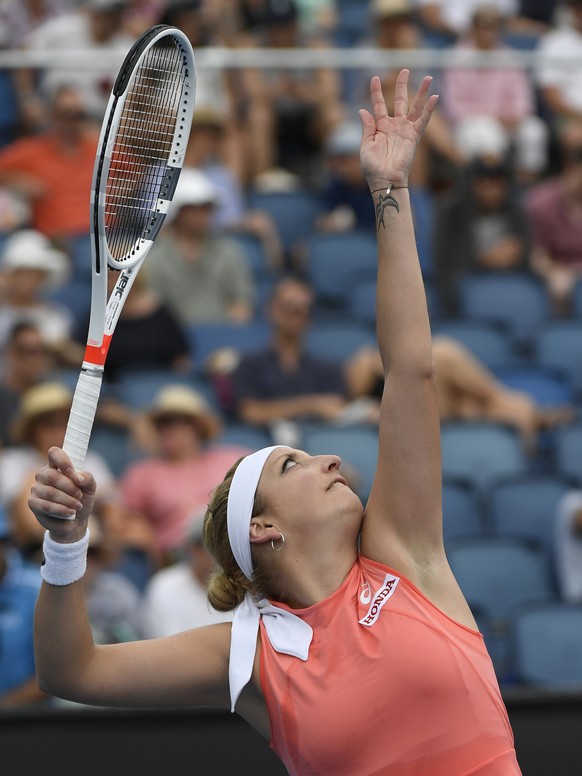 Switzerland&#039;s Timea Bacsinszky serves to Russia&#039;s Daria Kasatkina during their first round match at the Australian Open tennis championships in Melbourne, Australia, Tuesday, Jan. 15, 2019.  ...