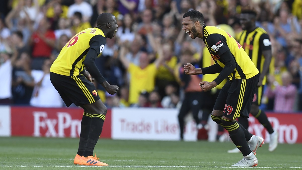 epa06992994 Watford's Abdoulaye Doucoure (L) and Etienne Capoue (R) celebrate their win after the English Premier League soccer match between Watford and Tottenham at Vicarage Road, Watford, Lond ...