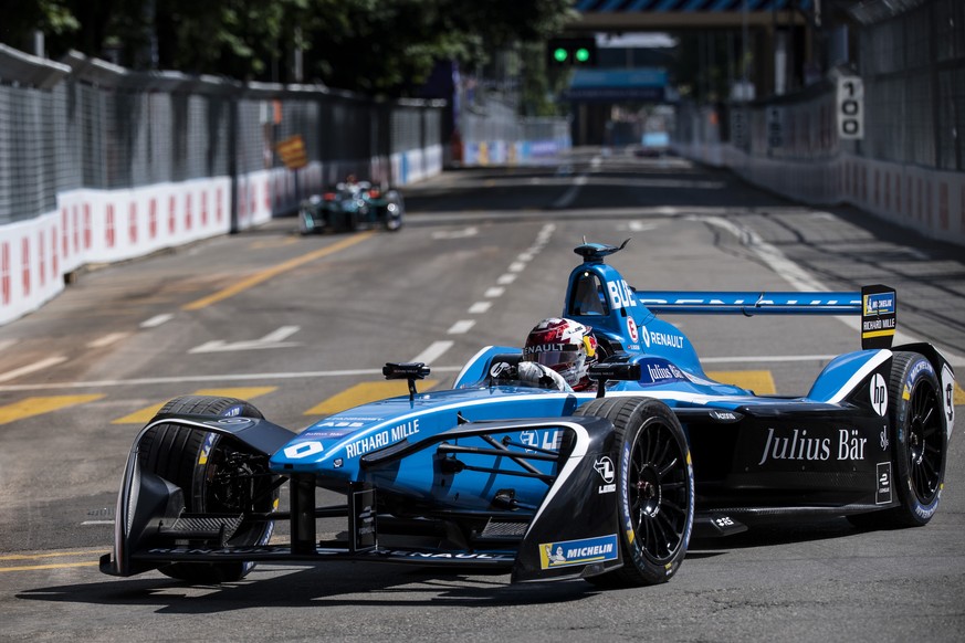 Swiss driver Sebastien Buemi, Renault e.dams on the race track one day ahead of the Zurich E-Prix, the tenth stage of the ABB FIA Formula E championship, in Zurich, Switzerland, Saturday, June 9, 2018 ...