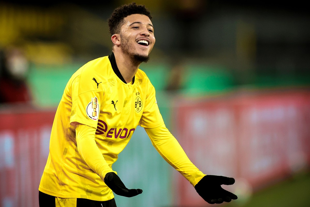epa09314984 (FILE) - Dortmund's Jadon Sancho reacts during the German DFB Cup round of 16 soccer match between Borussia Dortmund and SC Paderborn 07 in Dortmund, Germany, 02 February 2021 (re-iss ...