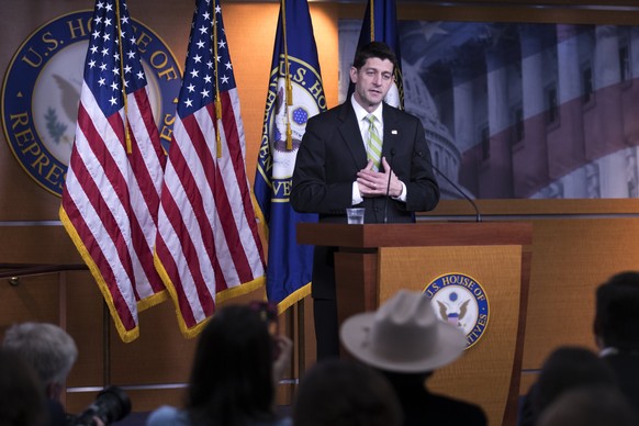 epa05868623 Speaker of the House Paul Ryan responds to a question from the news media during a press conference on Capitol Hill in Washington, DC, USA, 24 March 2017. Speaker Ryan and House GOP leader ...