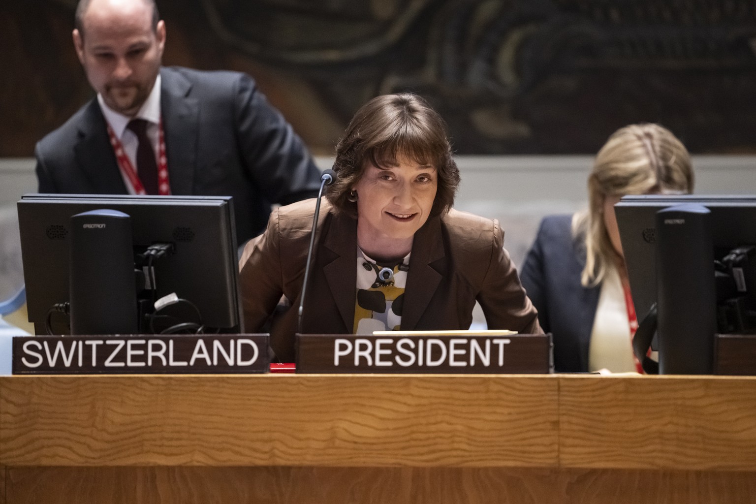 epa10646014 Pascale Baeriswyl, Ambassador and Permanent Representative of Switzerland to the United Nations, takes her seat as President of the UN Security Council UNSC before chairing a briefing on S ...