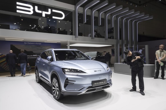 The New BYD Seal U electric car is presented during the press day at the 91th Geneva International Motor Show (GIMS) in Geneva, Switzerland, Monday, Feb. 26, 2024. The Motor Show will open to the publ ...