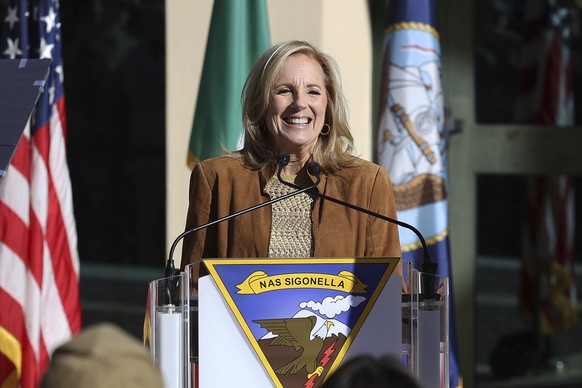 First Lady Jill Biden delivers a peech during her visit at the Sigonella Base close to Catania, Italy, Wednesday, Dec. 4, 2024. (Alberto Lo Bianco/LaPresse via AP)