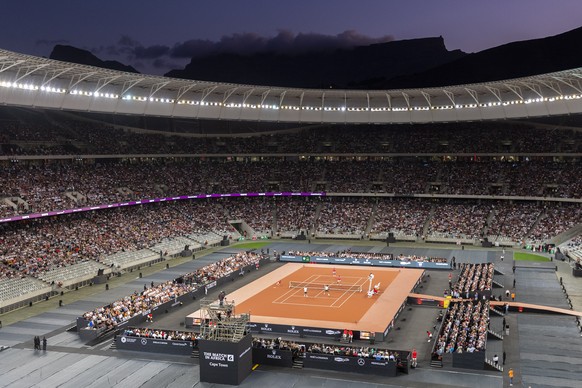 epa08200956 A general view of Cape Town Stadium as Roger Federer of Switzerland, Rafael Nadal from Spain, comedian Trevor Noah from South Africa and Bill Gates from the US play a doubles tennis match  ...