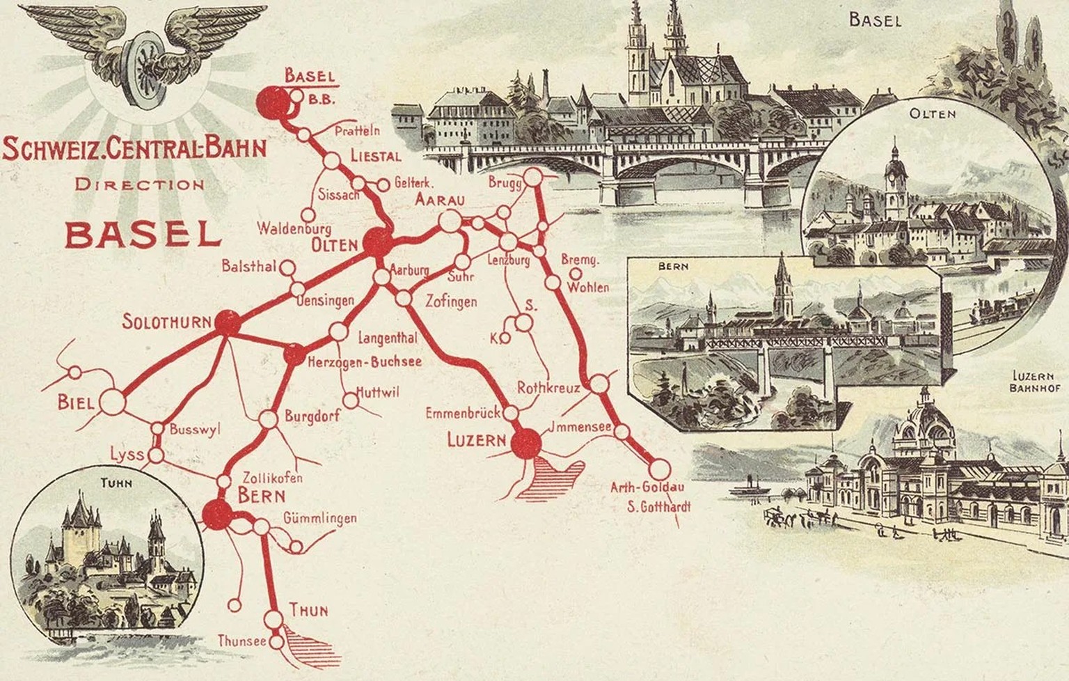 Die Schweizerische Centralbahn band Sissach an ein grösseres Verkehrsnetz an. Postkarte von 1905.
https://commons.wikimedia.org/wiki/File:SBB_Historic_-_F_VARIA_00002_010_Schweizerische_Central-Bahn_B ...