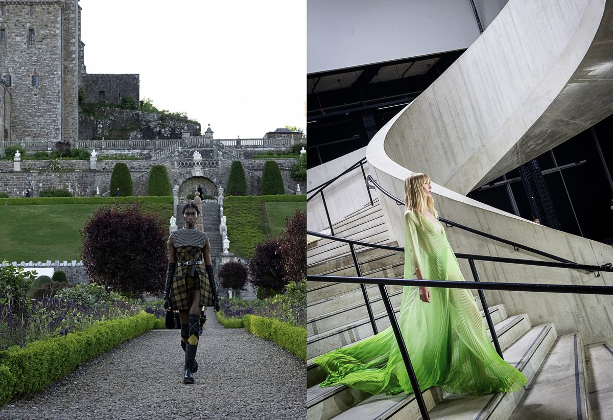 Les défilés croisières 2025 de Dior (g) en Ecosse et de Gucci (d) à Londres.