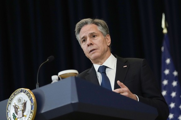 Secretary of State Antony Blinken speaks during a news conference with Kenyan Cabinet Secretary for Foreign and Diaspora Affairs Alfred Mutua, Monday, April 24, 2023, at the State Department in Washin ...