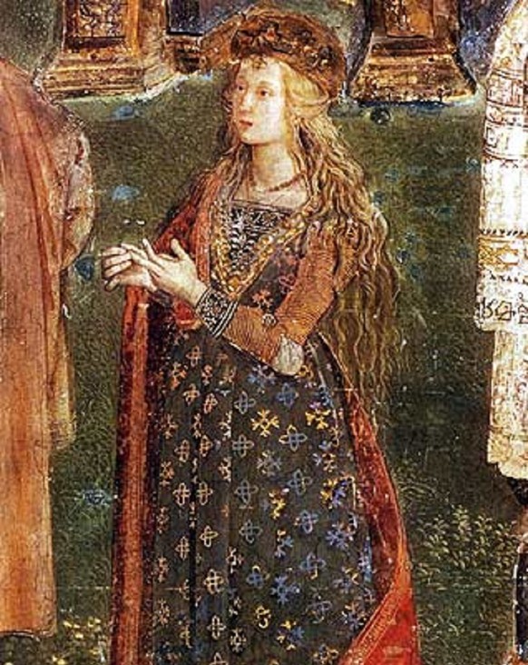 Traditionell für Lucrezia Borgia gehaltenes Porträt im Appartamento Borgia im Vatikan, dargestellt als Heilige Katharina.