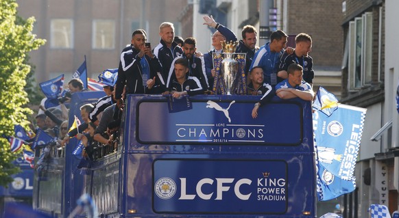 Britain Football Soccer - Leicester City - Premier League Title Winners Parade - Leicester City - 16/5/16
Leicester City manager Claudio Ranieri, Danny Simpson, Kasper Schmeichel, Riyad Mahrez, Andy  ...